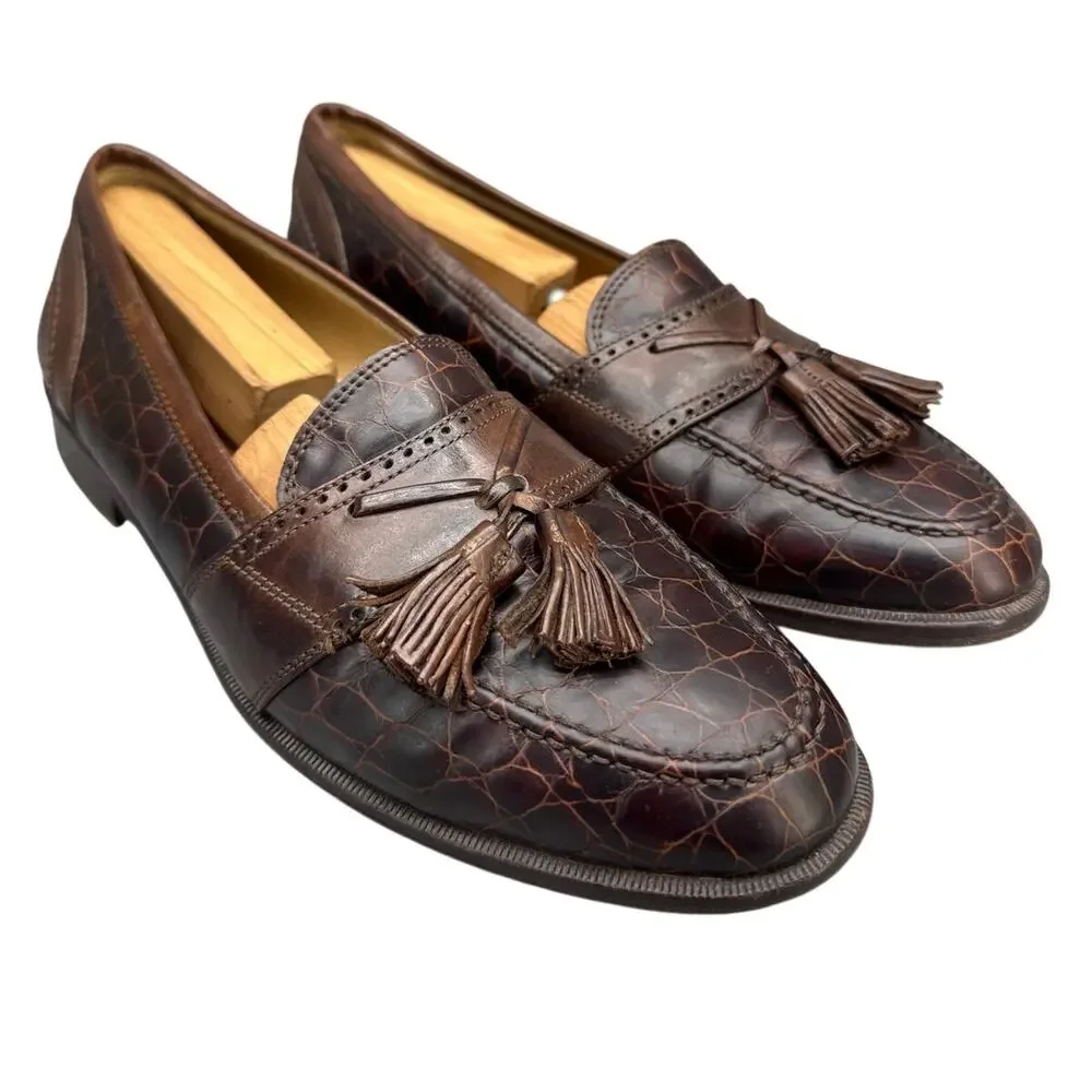 Johnston & Murphy Vintage Cellini Brown Italy Leather Croc Tassel Loafer Men 8.5